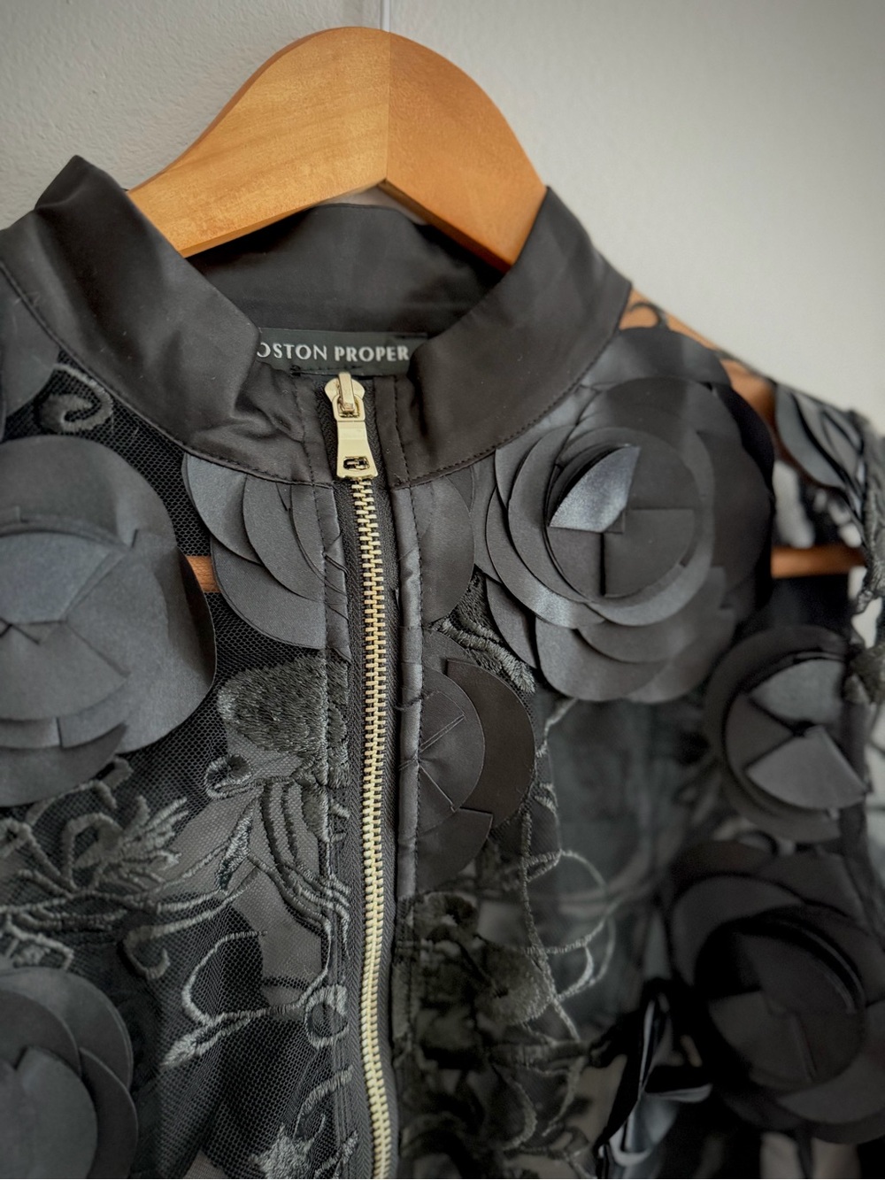 Boston Proper Black Sheer Floral Appliqué Bomber Jacket - Picture 6 of 11